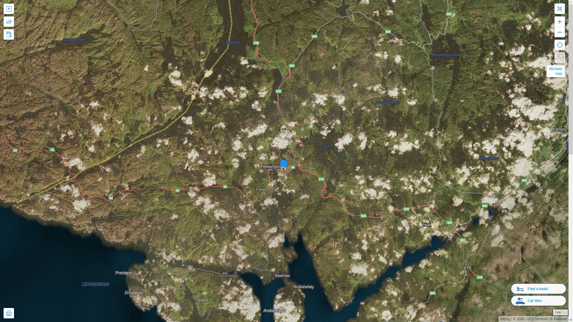 Flekkefjord Norvege Autoroute et carte routiere avec vue satellite